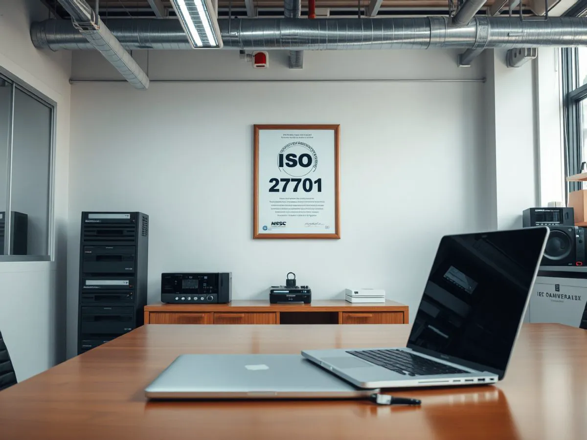 正格办公室内展示ISO 27001认证证书的场景